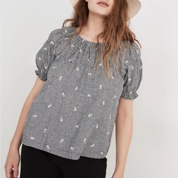 Madewell Tops - Madewell Embroidered Floral Gingham Shirred Puff Sleeve Top